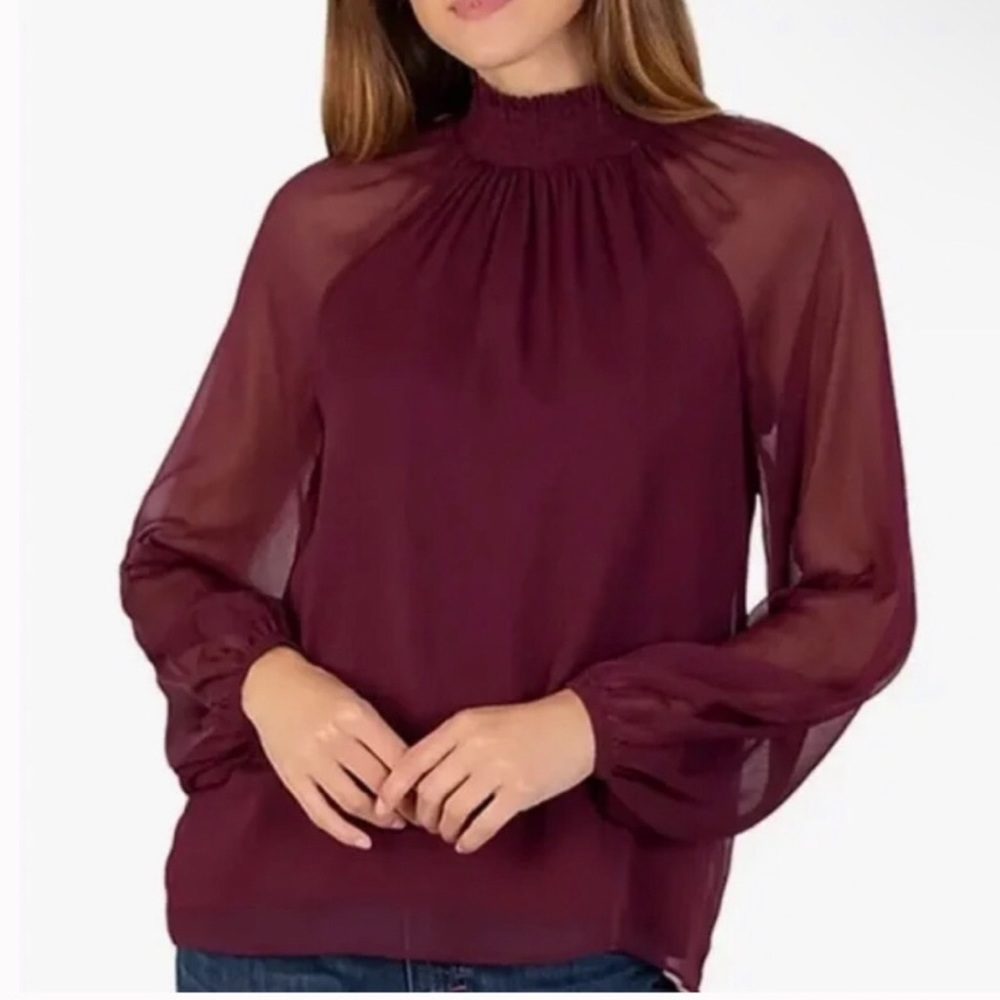 NWT New Joie long sleeve smocked top Blouse Wine Purple Burgundy Dressy Large